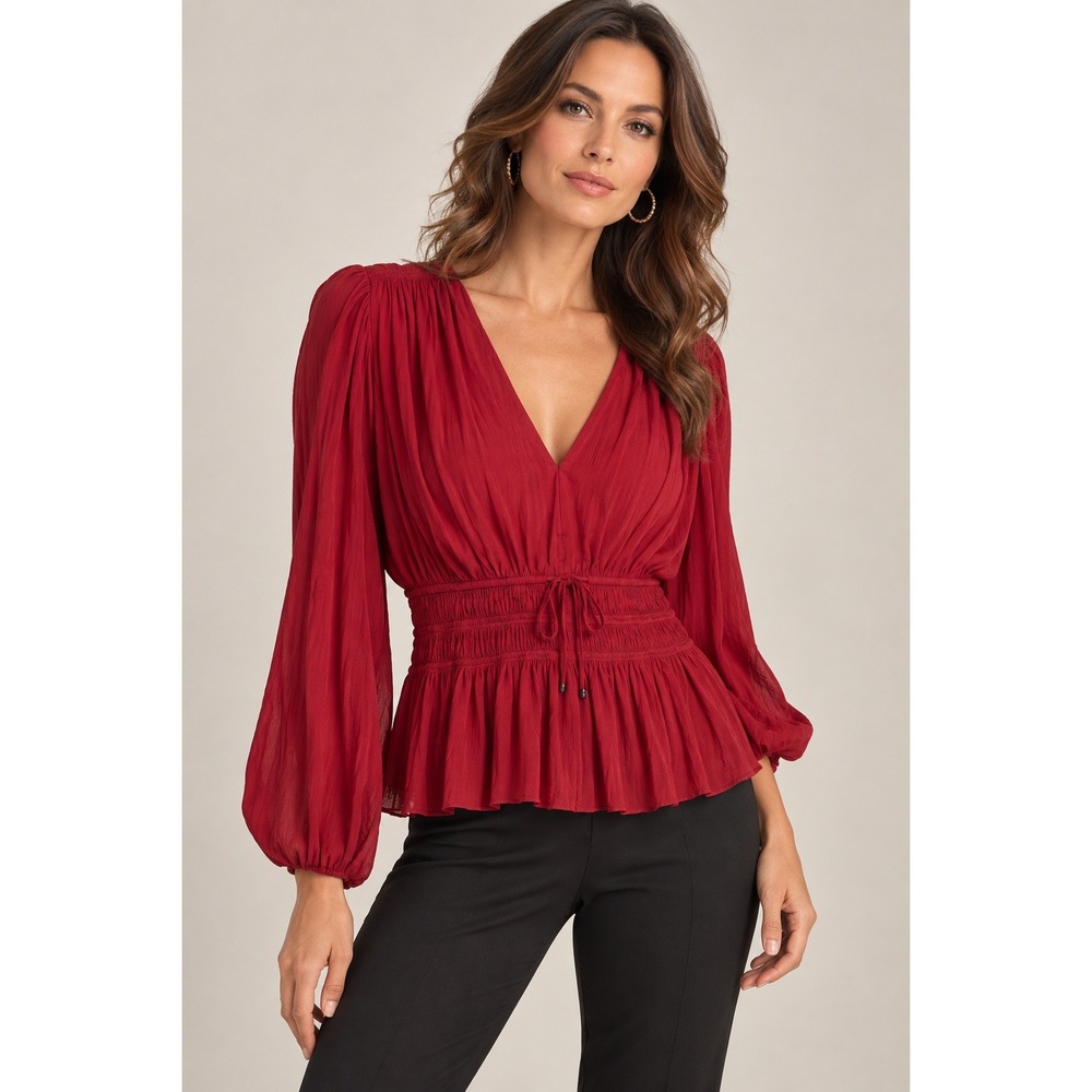 White House Black Market Red Smocked Waist V-Neck Peplum Blouse Large